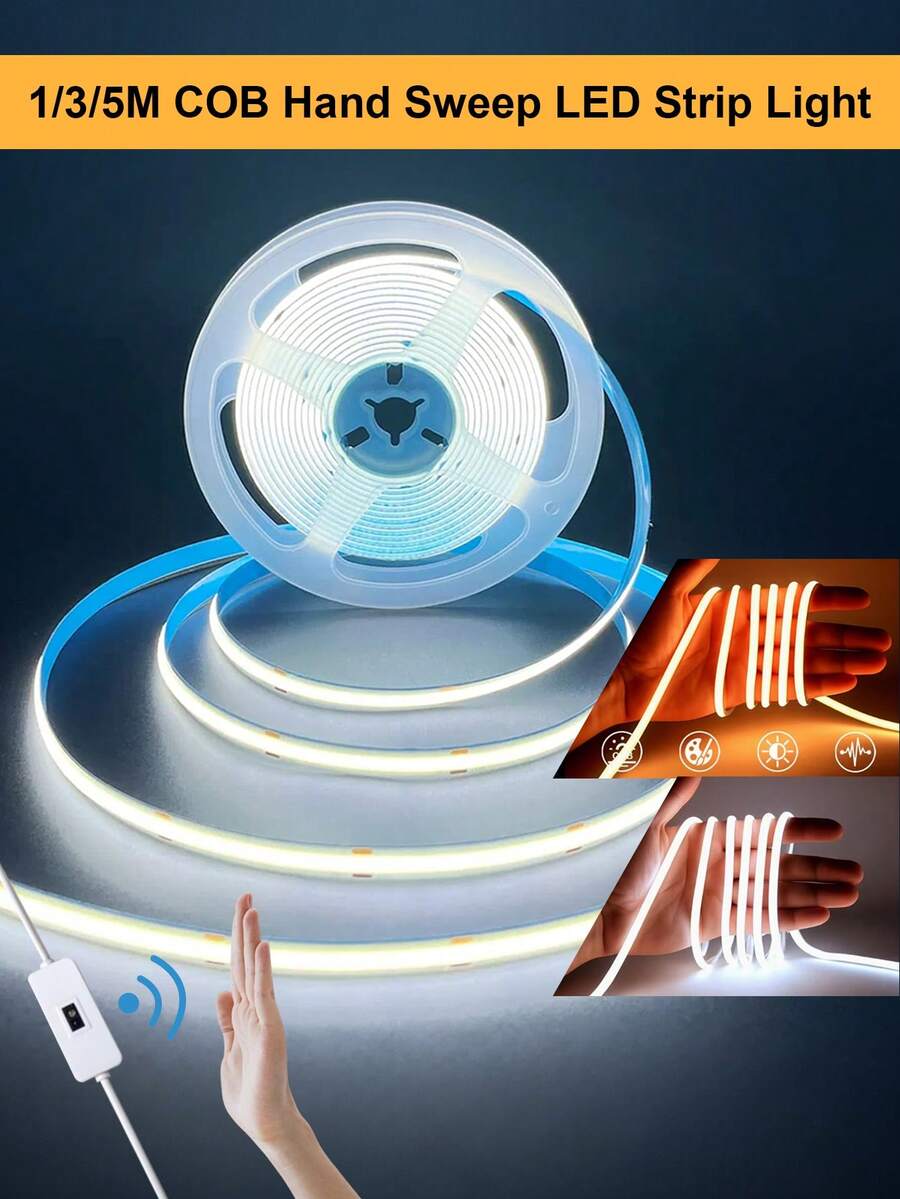 Tira de luz LED COB - Alimentada por USB, autoadhesiva y cortable, control táctil - Mantenga presionado para ajustar el brillo, 3 temperaturas de color disponibles, adecuada para gabinete, iluminación de cocina, retroiluminación de TV, decoración del hogar DIY para dormitorio
