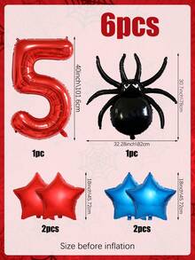6件組蜘蛛生日主題數字氣球套組，包含紅色大號生日數字(1-9)、黑色蜘蛛、五角星氣球，適合男性，附星形氣球，男孩慶祝派對、嬰兒洗禮蜘蛛主題生日派對裝飾 - 多色 - 查看 4