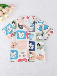 3pcs/Set Girls' Casual Cartoon Animal Print Polo Collar Short Sleeve Cardigan, Shorts & Pants Sleepwear Set, Flame Retardant, All Season - Multicolor - View 3
