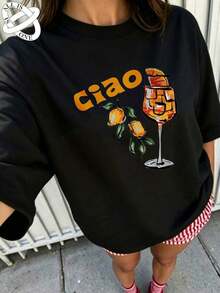 ALL IS ONE 100% Pure Cotton Women's T-Shirt With "Ciao" Orange And Cocktail Print, Premium Quality, Breathable And Soft To The Touch - 黑色 - 查看 3