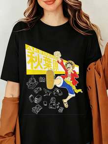 Luffys Ones Pieces Anime Grafisk T-shirt Akihabara Japansk Manga Tryck Svart Bomullströja Herr Dam Streetwear Harajuku Topp, NY Ones Pieces Tokyo Akihabara Grafisk T-shirt Japan Storlek L Svart - Svart - Visa 1