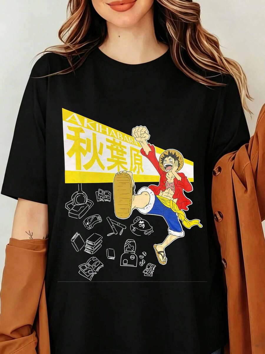 Luffys Ones Pieces Anime Grafisk T-shirt Akihabara Japansk Manga Tryck Svart Bomullströja Herr Dam Streetwear Harajuku Topp, NY Ones Pieces Tokyo Akihabara Grafisk T-shirt Japan Storlek L Svart - Svart - Visa 1
