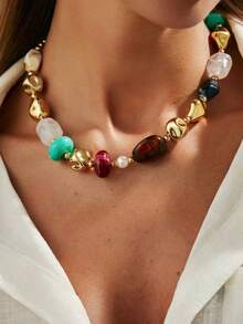 1pc Vintage Bohemian Asymmetrical Resin Beaded Necklace Personalized Fashion Adjustable Charm Necklace Exquisite Versatile Light Luxury Classy Minimalist Atmospheric Light Retro For Women Daily Wear Vacation Decoration Outfit Matching - 彩色 - 查看 4