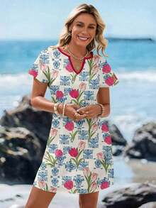 Vestido corto minimalista casual con cuello en V, adecuado para primavera y verano, ropa de verano para mujer, a rayas de colores, ropa de resort para mujer - Multicolor 6 - Ver 6