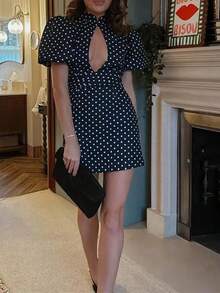 Spring 2026 Dress In European-American Style, Polka Dots With Cutouts And Puff Sleeves, Casual And Elegant Design - Black - View 2