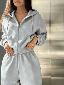 Conjunto Deportivo de 2 Piezas para Mujer: Sudadera con Capucha y Cierre de Cremallera Frontal más Pantalón Jogger con Cordón Ajustable - Set Casual de Algodón Suave para Entrenamiento, Gimnasio y Uso Diario - Gris Claro - Ver 3