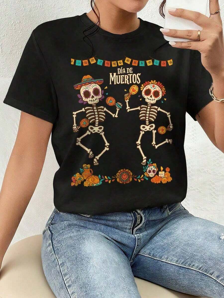 ofertas y liquidacionesPlayera Para Mujer,Día De Muertos, Esqueleto, Camiseta Gráfica, Regaloplayera de hombretops sudaderas para mujer Y2k Camiseta Camisa De - Negro - Ver 1