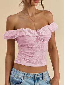 Women Summer Coquette Off Shoulder Ruffle Lace Crop Top Twist Front Short Sleeve Blouse - Pink - View 3