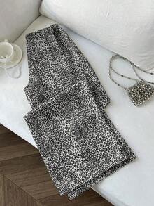 Pantalones anchos de pierna negros con diseño de estampado de leopardo retro elegante, pantalones rectos con cintura elástica con cordón, uso casual, vuelta al colegio - Gris - Ver 2