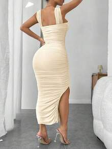 Vestido de graduación; Vestido ajustado de malla con superposición fruncida y abertura en el muslo, vestidos en tonos pastel para mujeres - Caqui - Ver 2