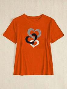 Cute Premium Unisex Casual T-Shirts, Women's Slim Fit Short Sleeve Casual T-Shirt With Heart Print, Men's And Women's Short Sleeve Casual T-Shirts - 黑色 - 查看 4