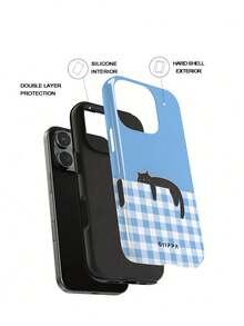 GIIPPA 1 Piece Light Blue Base With Plaid Patchwork And Slouchy Cat Design Phone 17 Pro Max Case, Compatible With IPhone 16 Pro Max, 15 Pro Max, 14 Pro Max, Korean Stylish And Interesting Phone Case, Fits 11/12/13/14/15/16 Pro Max Plus, Elegant Design Suitable For Both Men And Women, Ideal Gift For Christmas, Valentine's Day, Easter, Wedding Season And Birthday For Girlfriend - Multicolor 1 - View 2