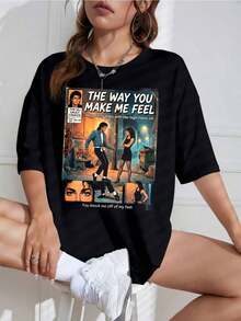 Camiseta Unisex con Estampado de Cómic Retro, Cuello Redondo, Manga Corta, Diseño Casual, Ideal para Fans - Negro - Ver 1