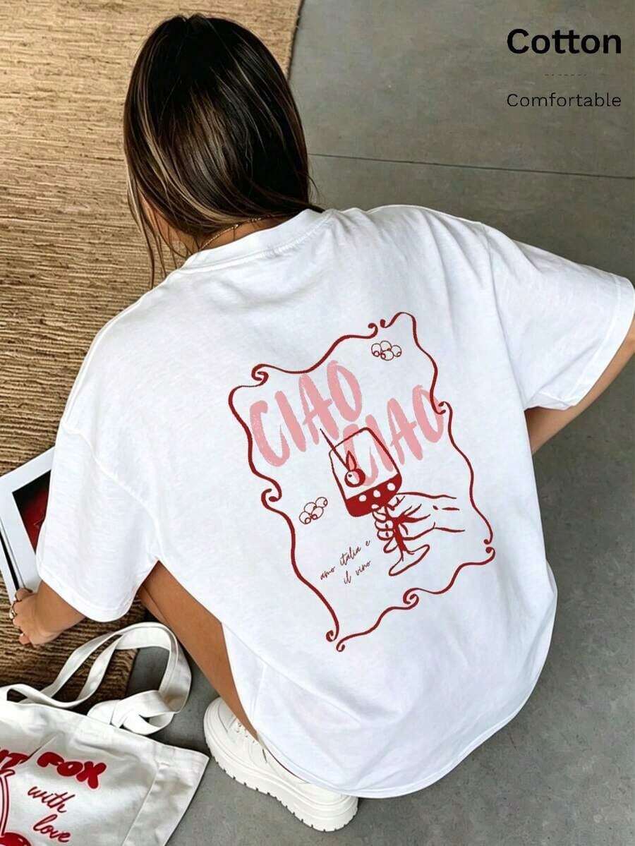 Camiseta para Mujer con Estampado de Bebidas, Cuello Redondo, Manga Corta, Diseño Oversized, Ideal para Fiesta - Negro - Ver 1