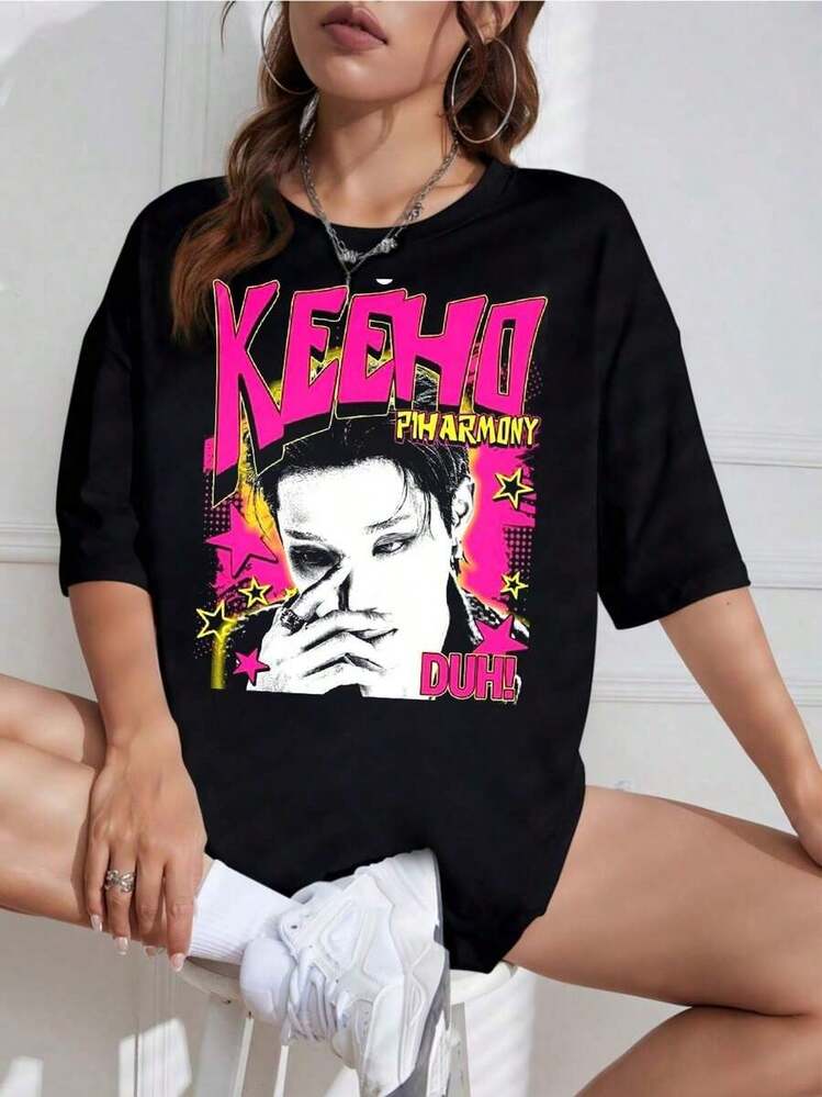 Women's Oversized T-Shirt With Colorful Retro Graphic, Casual Grunge Style - White - View 9