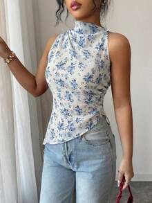 Camiseta de tirantes ajustada con dobladillo asimétrico y lunares rojos para mujer - Azul - Ver 3