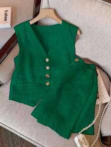 2 piezas Conjunto casual de mujer con chaleco de un solo abotonado y pantalones cortos de unicolor - Verde Oscuro - Ver 1