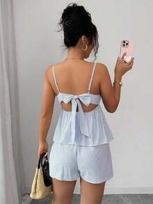 Camiseta sin espalda de lino con cuello en V profundo a rayas azul y blanco, de cintura baja con cordón, suelta y casual, corta, sexy, linda y elegante, romántica para el verano para mujeres, diseño con lazo sin espalda, conjunto de vacaciones de - Azul - Ver 2