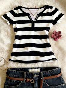 Camiseta de manga corta con dobladillo de encaje 2 en 1 para mujer - Multicolor 3 - Ver 7