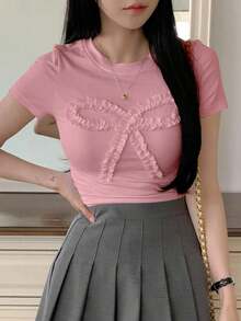 Camiseta casual de verano para mujer con volantes y decorativa con lazo, crop tops para mujer, camisetas gráficas - Rosa Pálido - Ver 4