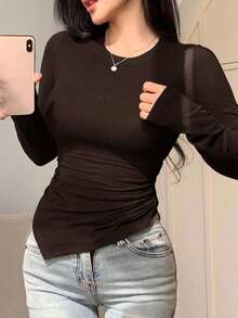 Camiseta de mujer de manga larga con diseño asimétrico y ajuste ceñido, ropa de otoño con estilo preppy - Café integral - Ver 6