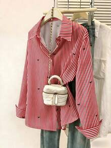 Camisa de manga larga con estampado a rayas y lazo, con botones delanteros, cuello de camisa, top casual, adecuado para primavera, otoño e invierno en color rosa - Rojo - Ver 9