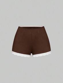 Conjunto de pijama casual de camiseta de tirantes acanalada y shorts con encaje - Marrón - Ver 5