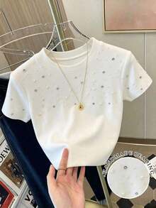 Camiseta de manga corta de ajuste ceñido con estampado digital de rayas de frutas, versátil para mujer.Camiseta con estampado de cerezas todo sobre, camiseta de cerezas, camiseta de rayas, camiseta de frutas - Blanco 4 - Ver 5