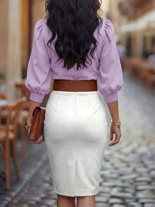 Blusa corta de mujer con cuello en V, manga de pétalo con lunares, cintura ceñida, nueva para primavera/verano - Púrpura malva - Ver 2