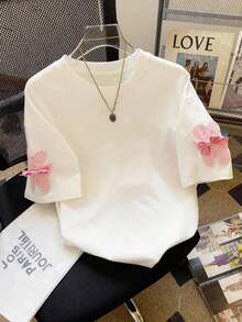 Camiseta de mujer de cuello redondo, hombros caídos, de largo medio, con estampado digital a rayas, de estilo minimalista y moderno, como regalo para amigos - Blanco - Ver 3
