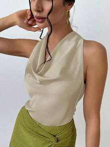Blusa elegante minimalista con cuello drapeado y lazo delantero para mujeres, color albaricoque - Albaricoque - Ver 3