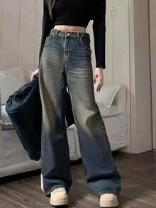 Jeans informales de pierna ancha con bolsillos para adolescentes - Agua verde azul - Ver 2