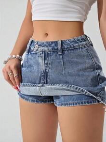 Falda mini de mezclilla lavada informal para mujer - Niebla azul - Ver 4