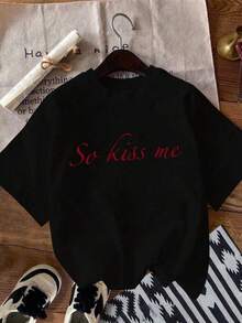 Women's Casual Black 'So' Graphic Tee With Short Shoulder Sleeves And Round Neck, Regular Length, Made Of Knit Fabric With Medium Stretch, Soft And Comfortable For Everyday Wear 3VYP - 黑色 - 查看 2