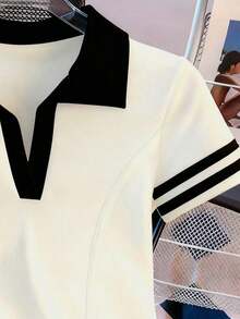 Camiseta de mujer casual de manga corta con cuello polo, estampado de caballero a rayas y contraste de color - Blanco - Ver 4