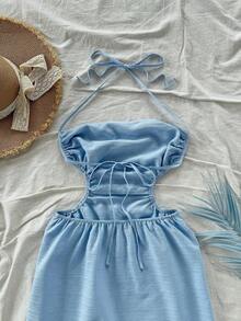 Vestido largo con espalda calada y lazo, cuello drapeado, lazo en la cintura, abertura alta, adecuado para vacaciones, festivales de música, estilo bohemio, vacaciones, citas, té de la tarde - Celeste - Ver 6