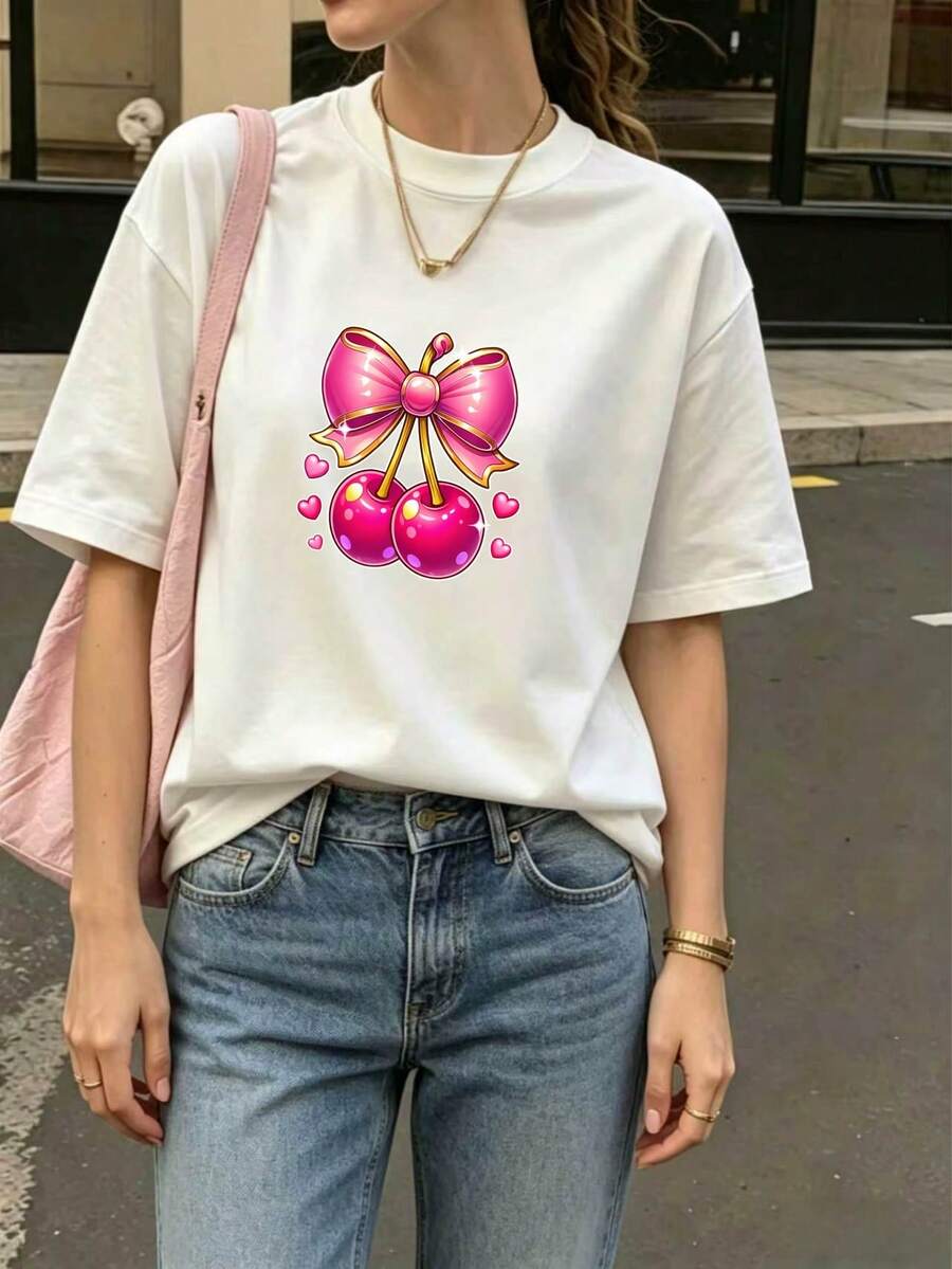 Women's Multicolor Short-Sleeve Crew Neck T-Shirt - "Sweet & Cool" Cherry And Bow Print - Versatile Summer Top - Pure Cotton Basic T-Shirt - "Sweet & Cool" Cherry And Bow Print - Casual, Modern, And Perfect For Everyday Wear - Loose Fit T-Shirt - Adorable Cherry And Bow Print - Ideal For Summer Outings - 白色 - 查看 1