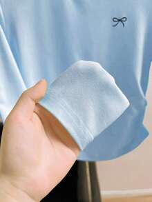 Camiseta casual de mujer con mangas raglán, estampado de lazo y contraste de color - Azul - Ver 4
