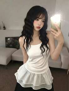 Korean Style Ruffle Hem Patchwork Camisole White Atmosphere Regular Tank Top Women's Summer Clothing Casual - White - View 3