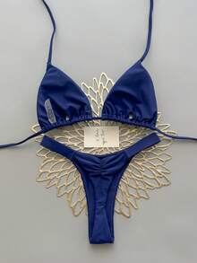 Bộ bikini 2 mảnh phong cách bohemian thanh lịch, gợi cảm, in hoa, buộc dây, thích hợp cho bãi biển và kỳ nghỉ, mùa xuân/hè. - Màu xanh hải quân - Xem 3