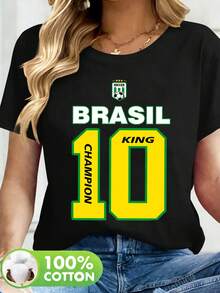 Camiseta casual 100% para mujer con estampado de campeón de fútbol número 10 de Brasil - Negro - Ver 2