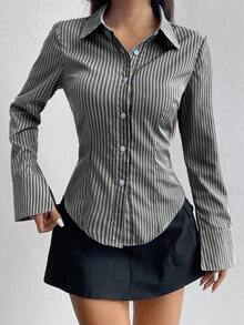 Camisa de manga larga casual a rayas que ciñe la cintura, apta para primavera/verano/otoño, tops de manga larga - Multicolor 2 - Ver 3
