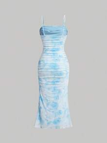 Vestido de mujer con estampado floral vintage, bloques de color, tirantes de hombro y pliegues en la cintura - Azul - Ver 2