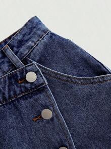 Falda midi recta de mezclilla para mujer, faldas de mujer para otoño, ropa de mujer para calle, falda de mezclilla para mujer, falda asimétrica, ropa de mujer para otoño, falda de invierno, vestimenta casual de negocios para mujer, atuendos de i - Azul lavado oscuro - Ver 3