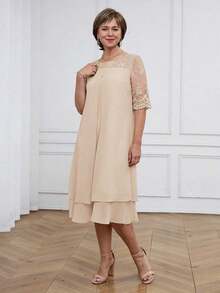 Medorina Vestido de mujer con cuello redondo, manga corta, volantes en el bajo y encaje en contraste, conjunto de verano para vacaciones para mujer en primavera y verano - Caqui - Ver 7