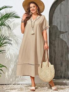 Vestido casual holgado de unicolor con cuello en V y mangas cortas para mujer de talla grande - Albaricoque - Ver 5
