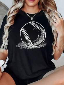 Baseball Drawn With Artistic Strokes That Evokes Passion For The Sport And Dynamic Energy. Women's T-Shirt, 100% Cotton, 220g - 黑色 - 查看 1