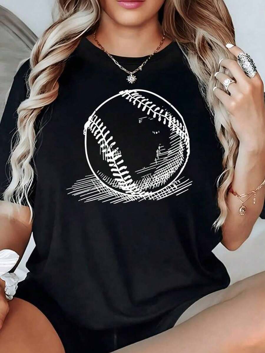 Baseball Drawn With Artistic Strokes That Evokes Passion For The Sport And Dynamic Energy. Women's T-Shirt, 100% Cotton, 220g - 黑色 - 查看 1