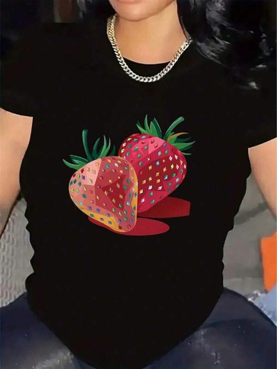 Camiseta de manga corta ligera y duradera con diseño de fresa, ideal para salidas casuales en casa o restaurantes, que ofrece un ajuste cómodo para uso diario.