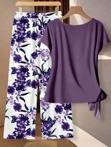 Conjunto de 2 piezas de blusa con lazo y pantalones rectos para mujer, informal - Multicolor 11 - Ver 3